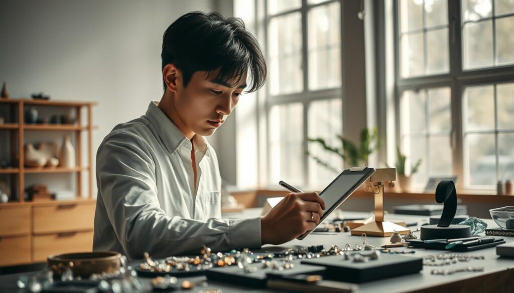 A meticulously crafted jewelry designer's workstation, illuminated by soft, natural lighting filtering through large windows. The designer, a young Japanese-looking individual with a focused, creative expression, sketches intricate designs on a tablet, surrounded by an array of gemstones, tools, and delicate jewelry pieces. The background features a minimalist, contemporary interior, with clean lines and muted tones, complementing the designer's artistic process. The overall atmosphere exudes a sense of precision, dedication, and the pursuit of creating exceptional, bespoke jewelry.