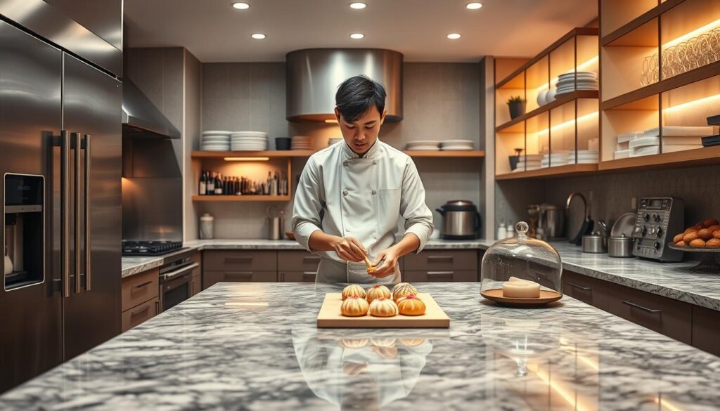 A meticulously crafted kitchen layout, dominated by sleek stainless steel appliances and gleaming granite countertops. A young, Japanese-featured patissier stands at the center, immersed in the art of pastry creation, hands skillfully manipulating delicate ingredients. Soft, warm lighting illuminates the scene, casting an inviting glow. Shelves line the walls, stocked with an array of baking tools and specialty ingredients. The atmosphere exudes a sense of focus, professionalism, and the promise of delectable confections to come. This image captures the essence of a patissier's independent venture, poised to embark on a journey of culinary excellence.