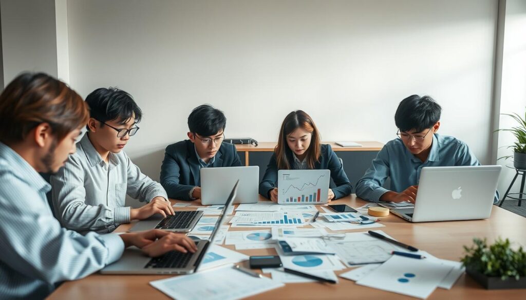 A meticulously crafted scene showcasing a group of young, Japanese-looking individuals deeply immersed in analyzing financial data. The foreground features three individuals, each intently focused on their laptop screens, their expressions conveying a sense of concentration and determination. The middle ground reveals a larger table with various charts, graphs, and documents scattered across it, providing a visual representation of the data they are examining. In the background, a minimalist office setting with clean lines and muted tones sets the stage, creating a professional and analytical atmosphere. The lighting is soft and indirect, casting gentle shadows and highlighting the details of the scene. The overall mood is one of serious contemplation and diligent examination, reflecting the subject matter of the "ゲームライター年収分析" section.