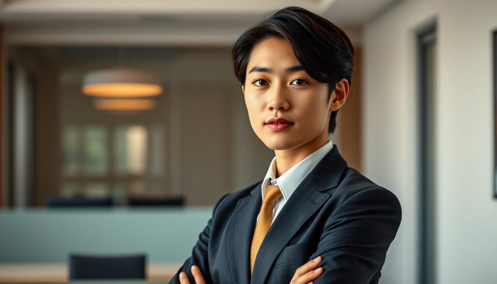 A meticulously crafted scene showcasing a young, Japanese-looking professional posing confidently, dressed in a sharp business suit. The lighting is warm and natural, highlighting the subject's serious yet approachable expression. The background is a clean, minimalist office setting, accentuating the focus on the model's career-oriented persona. The angle is slightly elevated, conveying a sense of authority and expertise. The overall mood is one of competence, poise, and the pursuit of professional advancement through specialized qualifications.