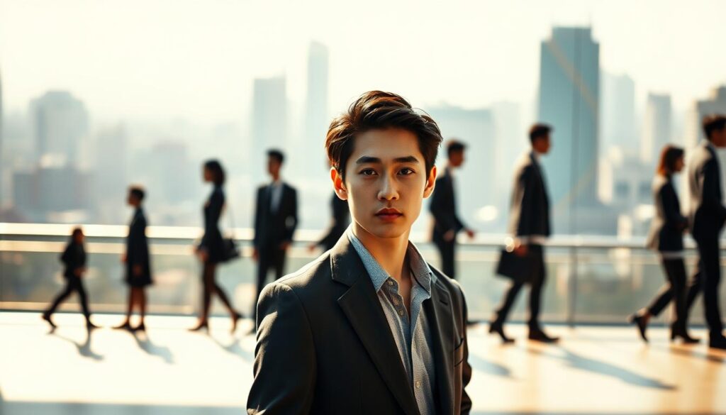 A meticulously crafted scene showcasing the career trajectory of a creative director. In the foreground, a young, stylishly dressed Japanese-looking individual stands confidently, their sharp gaze conveying a sense of determination. The middle ground features a progression of silhouettes, each representing a milestone or role along the creative director's path, from junior designer to senior leader. The background is a softly blurred cityscape, hinting at the urban, fast-paced environment in which this profession thrives. Warm, directional lighting casts subtle shadows, lending a sense of depth and dimension to the scene. The overall mood is one of aspiration, ambition, and the endless possibilities that await those who pursue this dynamic career.