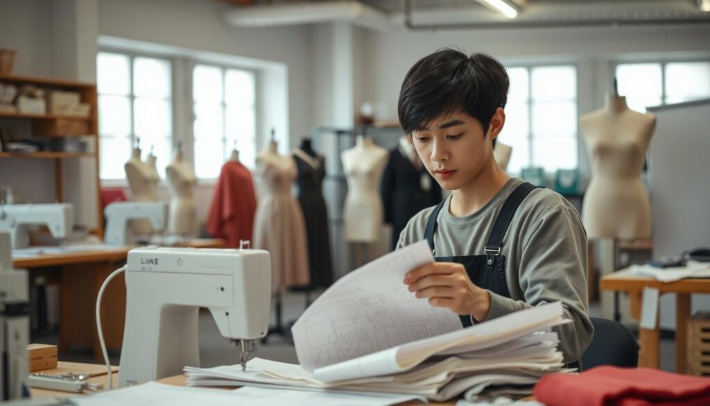 A meticulously crafted scene showcasing the daily life of a Japanese patternmaker. In the foreground, a young, dark-haired individual sits at a workstation, intently studying patterns and fabric samples. The middle ground reveals a well-equipped design studio, complete with sewing machines, mannequins, and an array of tools. The background features a serene, minimalist interior, bathed in natural light, creating a calming atmosphere. The overall mood conveys a sense of focused professionalism and artistic dedication, reflecting the skill and attention to detail required in the patternmaker's craft. The camera angle captures the scene from a slightly elevated perspective, providing a comprehensive view of the work environment.