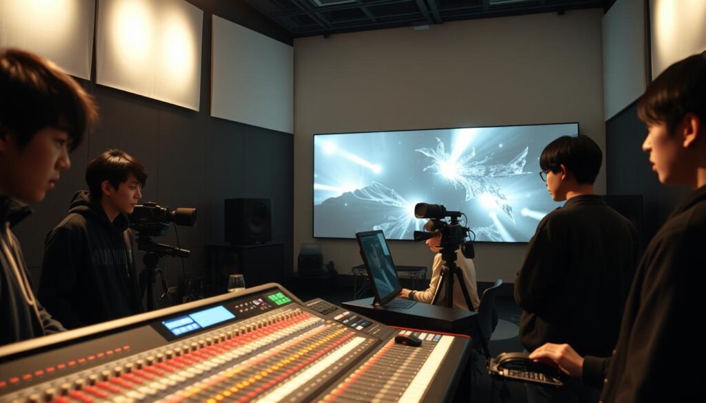 A meticulously crafted studio setting, illuminated by soft, diffused lighting that accentuates the dynamic interplay of sound and visuals. In the foreground, a group of young Japanese-looking individuals, their faces expressing deep concentration as they carefully monitor audio levels and adjust video equipment. The middle ground showcases a state-of-the-art mixing console, its intricate controls and displays hinting at the complexities of the audio-visual production process. In the background, a large projection screen displays a captivating visual composition, seamlessly synchronized with the subtle, yet powerful, aural elements. The scene exudes a sense of technical mastery, creative collaboration, and the profound importance of harmonizing sight and sound to craft an immersive, memorable audiovisual experience.