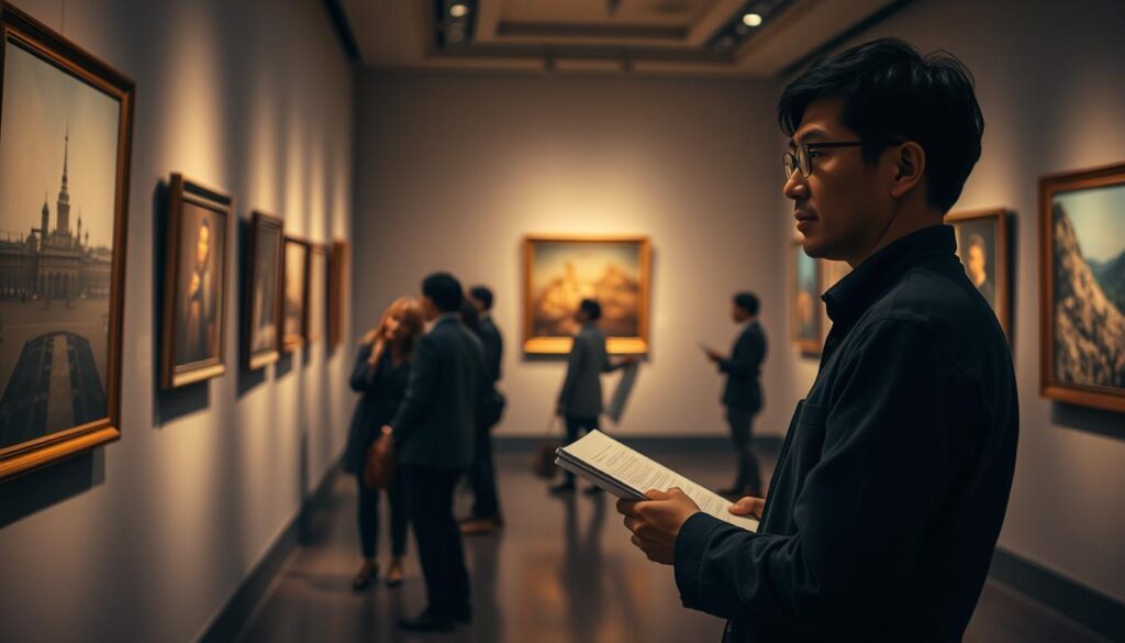 A meticulously curated museum gallery, dimly lit with soft, warm lighting that casts a gentle glow on the exquisite artworks adorning the walls. A young, focused Japanese curator meticulously examines each piece, making precise notes and adjustments to ensure the optimal presentation. In the middle ground, a team of assistants carefully handle and position the artworks, their movements graceful and deliberate. The background is a serene, minimalist space with clean lines and a sense of tranquility, allowing the art to take center stage. The overall atmosphere is one of quiet contemplation and scholarly dedication, reflecting the curator's deep passion for their craft.