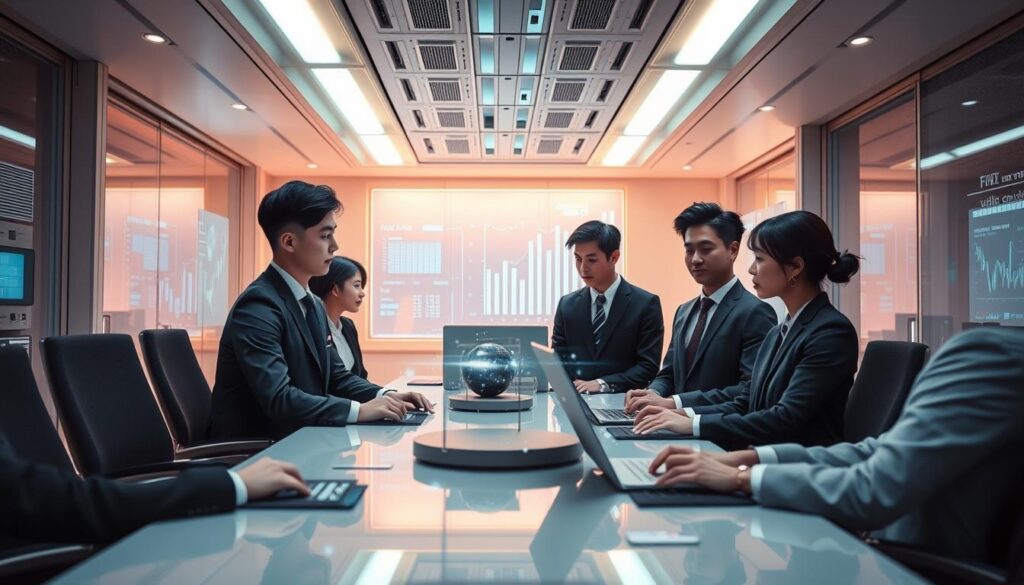 A meticulously designed futuristic workspace occupied by a team of youthful, Japanese-inspired fund managers. The sleek, minimalist environment is bathed in a warm, ambient glow, with holographic displays and advanced technological interfaces seamlessly integrated into the scene. The managers, clad in tailored business attire, collaborate intently, their expressions focused as they harness the power of emerging financial technologies to navigate the evolving investment landscape. A sense of energy and innovation permeates the setting, hinting at the transformative potential of their work in shaping the future of the financial industry.