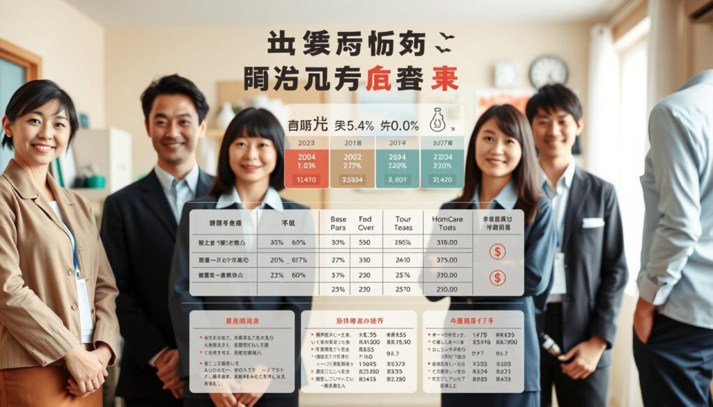 A meticulously designed infographic depicting the comprehensive salary structure of home care workers in Japan. The foreground features a team of young, Japanese-looking individuals in professional attire, representing the diverse demographics of the home care industry. The middle ground showcases a detailed breakdown of the various salary components, including base pay, overtime, bonuses, and benefits, presented in a clean, data-driven layout. The background subtly incorporates elements that capture the essence of the home care profession, such as medical equipment, home interiors, and a sense of compassion and care. The lighting is soft and natural, creating a warm and approachable atmosphere, while the camera angle and lens capture the information in a visually striking and easy-to-understand manner.