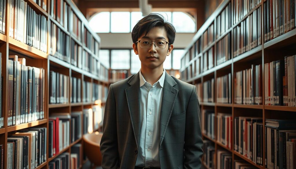 A meticulously designed library interior, filled with rows of bookshelves and a cozy reading nook. At the center, a young Japanese librarian, dressed in a smart blazer, stands amidst the stacks, eyes alight with a passion for knowledge. Soft, natural lighting filters through the windows, casting a warm glow upon the scene. The librarian's expression is one of focused determination, as they carefully curate and organize the collection, exemplifying the dedication and attention to detail required to thrive in this profession. The overall atmosphere conveys the tranquility and intellectual stimulation that a well-maintained library can provide.