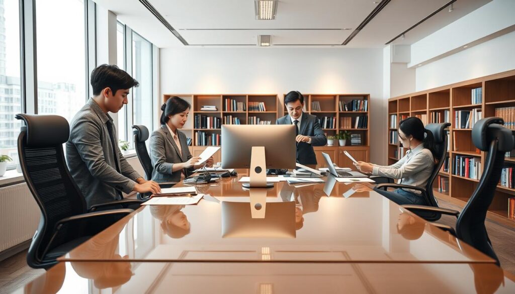 A meticulously designed modern office space, bathed in natural light from expansive windows. At the center, a tidy, organized desk with a sleek computer setup and carefully arranged documents. Comfortable ergonomic chairs surround a polished conference table, perfect for discussions and presentations. Bookshelves line the walls, filled with financial tomes and analytical reports. Subtle lighting fixtures cast a warm, professional glow, complementing the neutral color palette and clean lines. Young, focused Japanese-looking fund managers huddle intently, poring over data and charts, their expressions intense yet contemplative. An atmosphere of focused productivity and diligent financial acumen permeates the serene, elegant workspace.