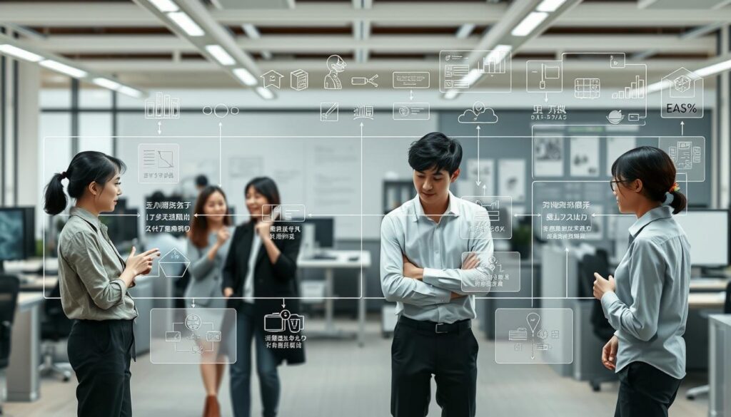 A meticulously designed system development flow diagram depicting a team of young, Japanese-looking professionals collaborating on a project. The foreground showcases a clear step-by-step process, with individuals gesturing and interacting at each stage. The middle ground features technical diagrams, flowcharts, and design schematics, conveying the complexity and attention to detail. The background subtly blends office furnishings, computer monitors, and collaborative tools, creating a realistic, well-lit workspace atmosphere. The overall scene captures the systematic, detail-oriented nature of system engineering, with a focus on teamwork and a professional, technical aesthetic.