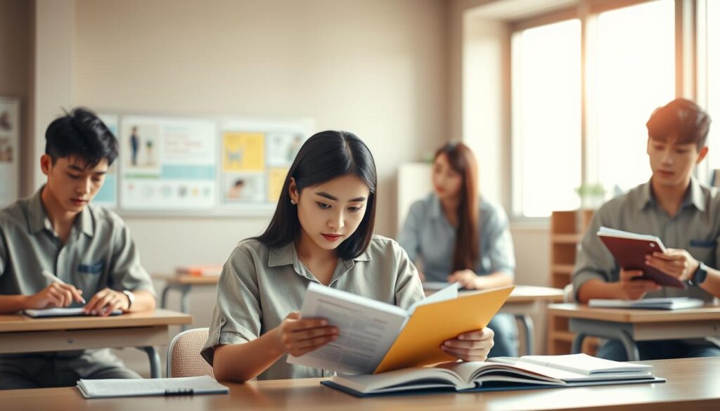 A meticulously detailed and realistically rendered scene depicting three young Japanese individuals intently focused on the task of obtaining their massage therapist certifications. The foreground features a central figure, a female student, diligently studying course materials with a serious expression. Two male students flank her, one taking notes and the other engaged in practical training exercises. The middle ground showcases an organized classroom setting with desks, textbooks, and educational posters lining the walls. Warm, natural lighting filters in from large windows, creating a scholarly and professional atmosphere. The background subtly blurs into a serene, neutral tone, allowing the central figures and their studies to take center stage. The overall composition conveys a sense of dedication, discipline, and the pursuit of a meaningful career path as a licensed massage therapist.