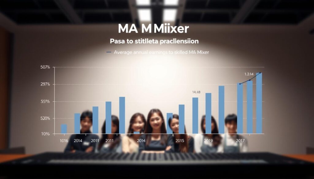 A meticulously detailed chart depicting the average annual earnings of skilled MA Mixer professionals, set against a clean, modern backdrop. The chart features a sleek, minimalist design with crisp data visualizations and a refined color palette of muted blues and grays. The foreground showcases the key statistical information, while the middle ground features a group of young, Japanese-looking models in a natural, relaxed pose, reflecting the human element behind the data. The background maintains a softly blurred, photographic quality, creating a sense of depth and balance. Subtle, professional lighting enhances the overall aesthetic, resulting in a visually compelling and informative illustration.