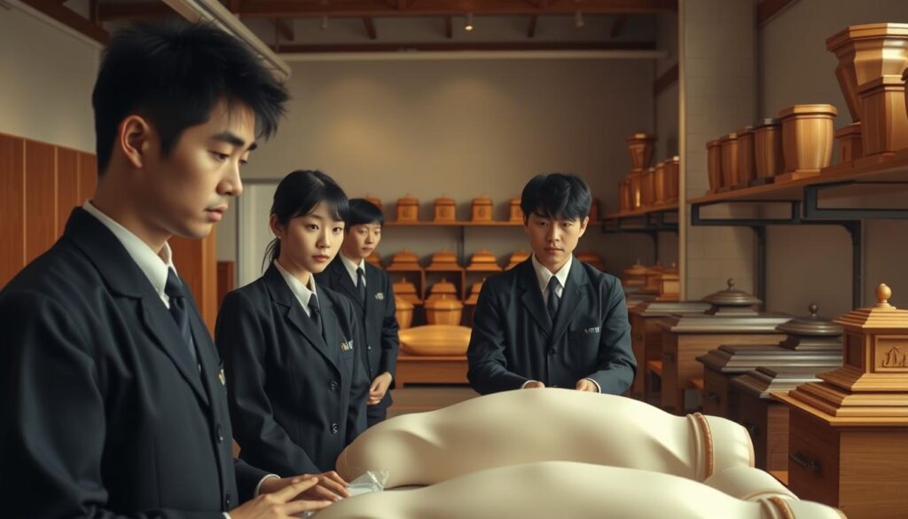 A meticulously detailed funeral director's office, bathed in warm, natural lighting. In the foreground, a group of young, serious-faced Japanese individuals in professional attire, intently studying embalming techniques on a lifelike model. In the middle ground, rows of wooden caskets and urns line the shelves, each crafted with utmost care. The background reveals an educational institution's serene, minimalist interior, hinting at the reverence and discipline required for this vocation. The overall atmosphere evokes a profound sense of respect, dedication, and the solemn responsibility of the funeral service profession.