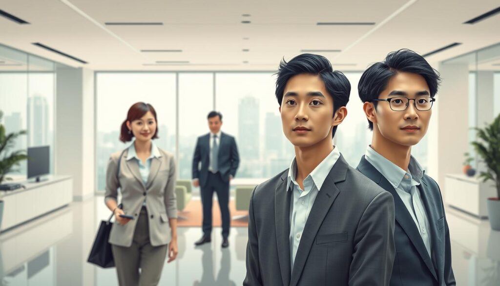 A meticulously detailed illustration depicting the career progression of a young Japanese consultant, captured through a realistic photographic lens. The foreground showcases a group of three individuals, each representing a stage in the consultant's career path - an entry-level associate, a mid-level manager, and a senior partner. The middle ground features a clean, minimalist office setting, complete with sleek furniture and subtle lighting, conveying a professional and aspirational atmosphere. The background subtly hints at the diverse industries and clients the consultant might encounter, creating a sense of depth and complexity within the image. The overall composition and attention to detail aim to provide a comprehensive and visually compelling representation of the consultant's career trajectory.