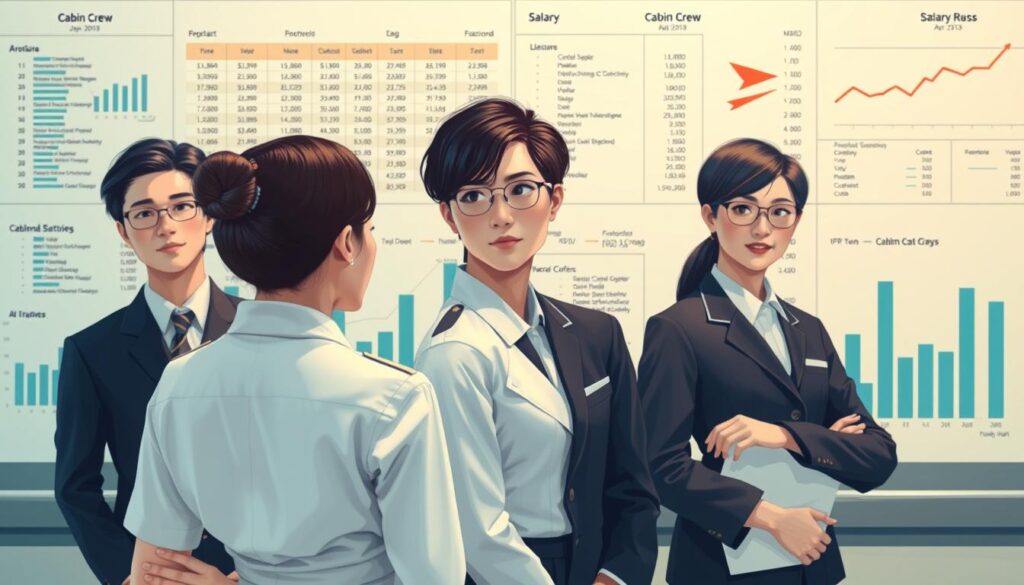 A meticulously detailed illustration of the salary structure for cabin crew, showcasing a group of young, Japanese-looking professionals in a realistic photographic style. The scene depicts three individuals in the foreground, dressed in crisp, formal airline uniforms, engaged in a discussion against a background of financial charts and graphs, conveying the complexity and nuances of the cabin crew compensation system. Soft, diffused lighting creates a professional, corporate atmosphere, while the composition and camera angle emphasize the importance and seriousness of the subject matter.