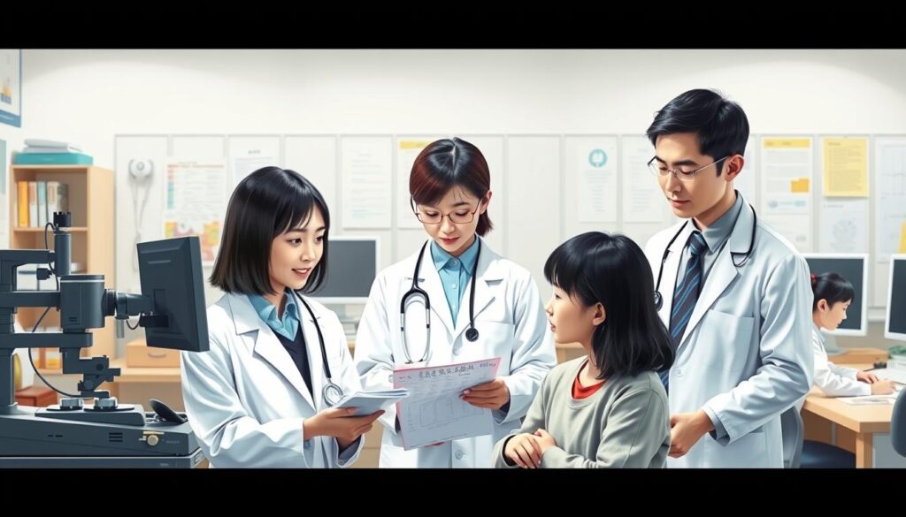 A meticulously detailed illustration showcasing the broad scope of a speech-language pathologist's responsibilities. Centered in the frame, a group of three young Japanese-looking professionals, dressed in white lab coats, intently focused on various diagnostic and therapeutic tasks. In the foreground, one clinician uses specialized equipment to assess a patient's speech and language abilities. In the middle ground, another clinician reviews diagnostic reports and charts, while the third clinician leads a group therapy session. The background features a well-equipped clinical setting, with various medical instruments, computer workstations, and educational materials visible. The lighting is soft and natural, creating a calming, professional atmosphere. The composition emphasizes the collaborative, multifaceted nature of the speech-language pathologist's role in improving communication and swallowing function.