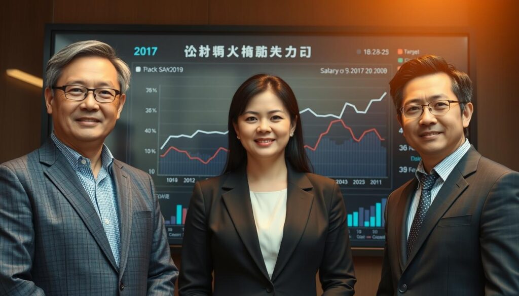 A meticulously detailed infographic visualizing the average annual earnings of geological consultants in Japan. A trio of professionals, each with a distinct yet harmonious appearance, stand before a sleek data visualization dashboard. The dashboard displays a sophisticated line graph depicting the fluctuating salary ranges over the past decade, providing valuable insights into the industry's compensation trends. Warm, natural lighting casts a subtle glow, creating an authoritative and informative atmosphere. The overall composition conveys a sense of professionalism, expertise, and data-driven decision making, perfectly suited to illustrate the "年収相場と給与体系" section of the article.