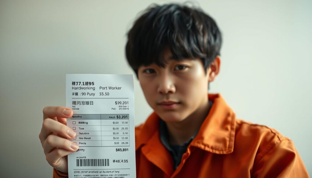 A meticulously detailed payslip of a hardworking port worker, showcasing their monthly earnings, deductions, and net pay. The document is displayed against a neutral background, allowing the financial information to take center stage. The worker's face is obscured, maintaining their privacy, while their youthful Japanese-inspired features and dark hair are visible. The overall lighting is soft and natural, casting a subtle glow on the official document, conveying a sense of professionalism and transparency. The composition is balanced, with the payslip occupying the focal point, surrounded by a clean, uncluttered environment.