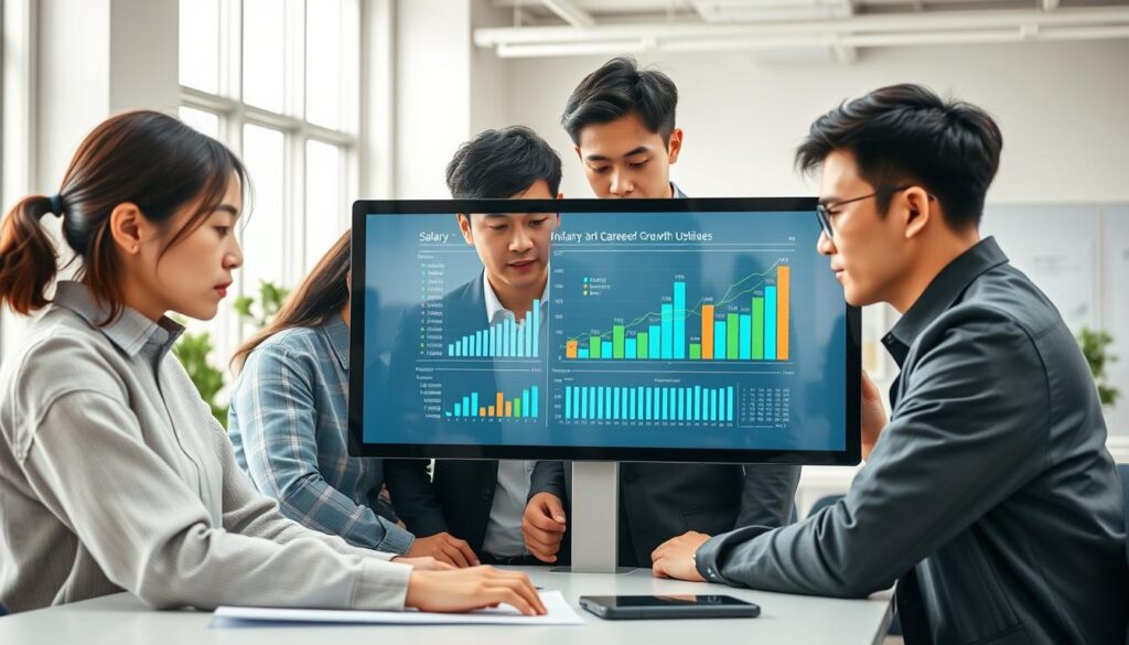 A meticulously detailed, photorealistic image of a group of young, Japanese-looking industrial designers analyzing salary and career growth data on a large digital display. The scene is set in a modern, minimalist office space with clean lines, neutral tones, and ample natural lighting. The designers, all in their 20s or 30s, are intently focused on the screen, their expressions reflecting deep concentration as they discuss the findings. The overall mood is one of professional diligence and intellectual engagement, conveying the subject's seriousness and the designers' dedication to their craft.