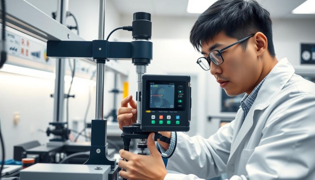 A meticulously detailed scene of a precision measurement instrument undergoing thorough inspection and calibration. In the foreground, a young Japanese technician in a white lab coat carefully aligns the device, their focused gaze and nimble fingers exuding professionalism. The middle ground reveals an array of specialized tools and measurement equipment, each item precisely positioned. The background showcases a well-lit, pristine laboratory environment, with clean surfaces and controlled lighting that enhances the technical atmosphere. The entire scene conveys a sense of meticulous attention to detail, technical expertise, and the importance of ensuring the accuracy and reliability of measurement instruments.