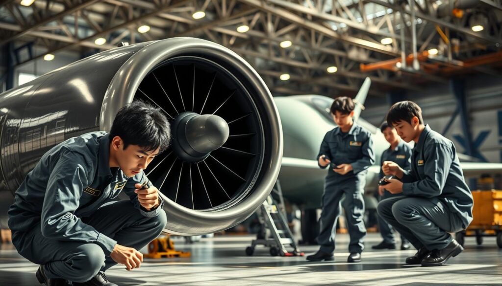 A meticulously detailed scene of an aircraft hangar, with a team of young, focused Japanese-looking aircraft maintenance technicians deeply immersed in their work. In the foreground, a technician crouches, intently examining the intricate components of an aircraft engine, their expression one of intense concentration. In the middle ground, others stand beside the fuselage, wielding precision tools as they carefully inspect the airframe. The background is filled with the organized chaos of the hangar, complete with rows of aircraft and a vast array of specialized equipment. Soft, directional lighting casts dramatic shadows, emphasizing the technical expertise and dedication of these skilled professionals.