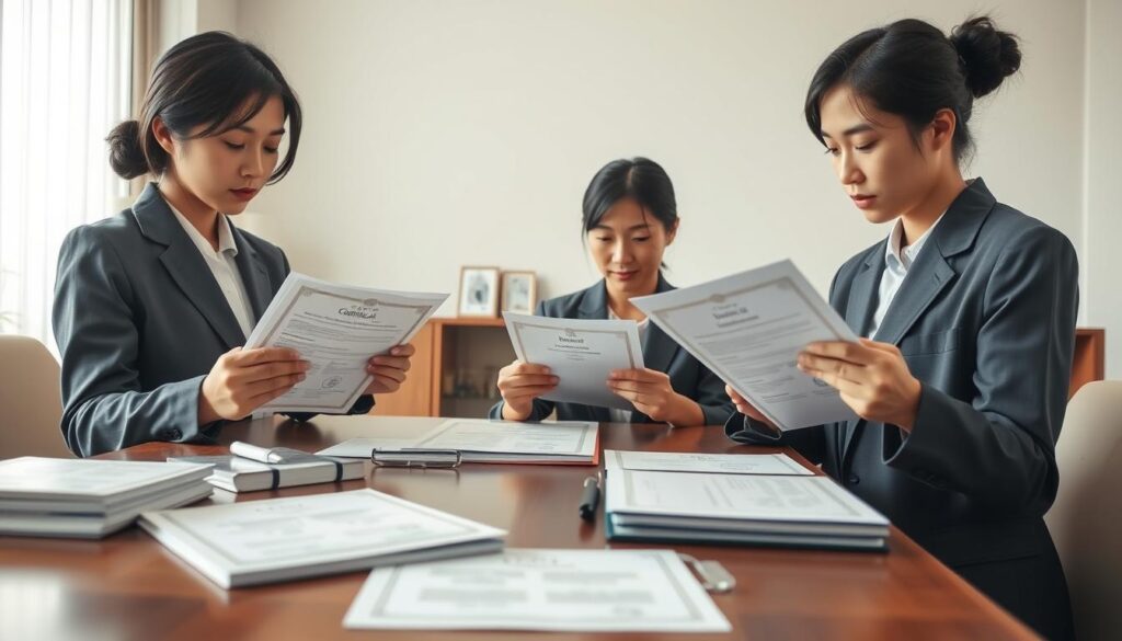 A meticulously detailed scene showcasing the essentials of home care certification and training. In the foreground, three young Japanese-looking individuals in professional attire examine official-looking documents, their expressions focused and intent. The middle ground reveals a series of certificates, diplomas, and training materials, neatly arranged on a polished wooden table, conveying the rigorous educational requirements. The background depicts a serene, minimalist office setting, with clean lines and muted tones, creating a sense of professionalism and dedication. Soft, natural lighting illuminates the scene, lending a sense of warmth and authenticity. The overall composition emphasizes the importance of proper certification and comprehensive training for the critical role of home care providers.