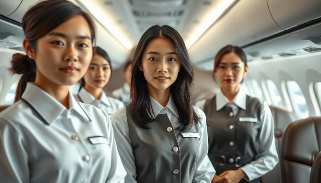 A meticulously detailed scene showcasing the professional requirements for cabin crew. In the foreground, a group of young, Japanese-looking models stand in a formal stance, wearing pristine uniforms with crisp collars and polished buttons. Their expressions convey a sense of discipline and poise. In the middle ground, a clean, well-lit cabin interior with plush leather seats and minimalist decor provides a sophisticated backdrop. The lighting is soft and natural, casting gentle shadows that accentuate the models' features. In the background, a blurred panoramic view of an airport terminal or airplane exterior hints at the global nature of the cabin crew's responsibilities. The overall atmosphere conveys the high standards and attention to detail expected of these aviation professionals.