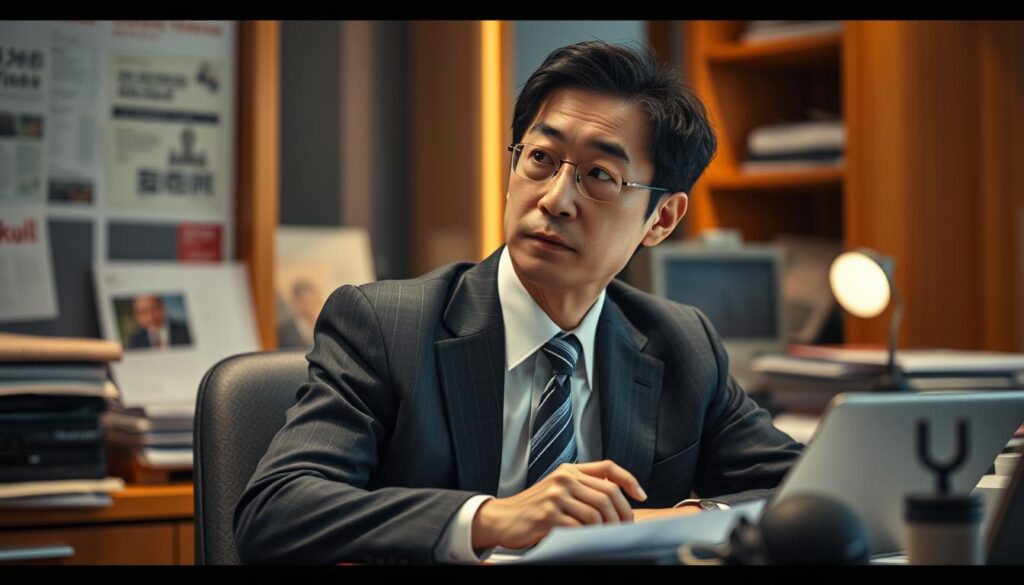 A meticulously dressed Japanese reporter, with a thoughtful expression, sits at a desk, surrounded by a neatly organized workspace. Warm, diffused lighting casts a contemplative glow, emphasizing the reporter's focused gaze. The scene exudes a sense of professionalism and dedication, capturing the essence of a typical day in the life of a seasoned "ルポライター". The image aims to convey the introspective nature of the journalist's work, while hinting at the potential earnings associated with this esteemed career.