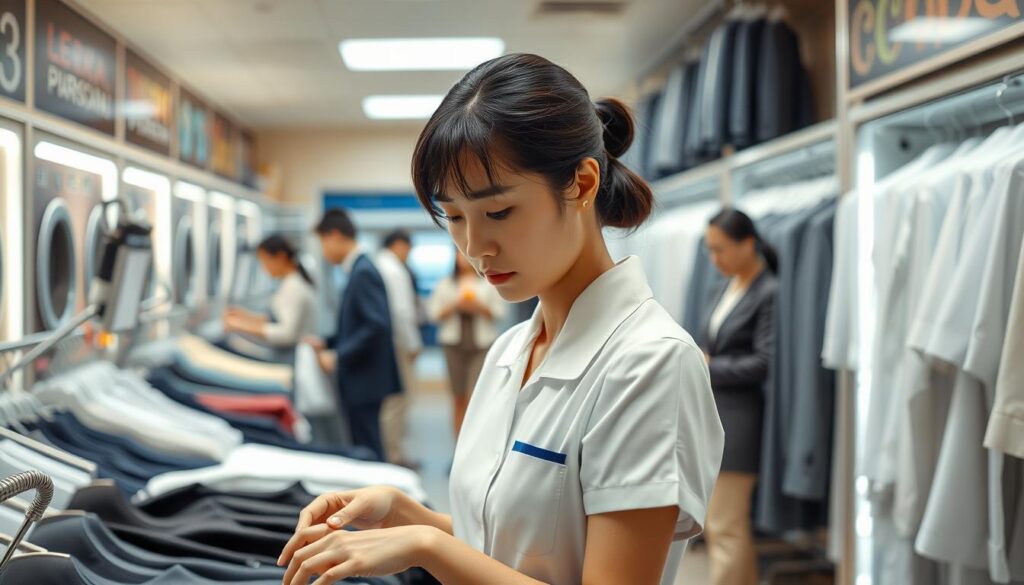 A meticulously organized dry cleaning shop, bathed in warm lighting. In the foreground, a young Japanese woman in a crisp uniform expertly sorts and inspects garments, her focused gaze betraying years of experience. Behind her, colleagues carefully steam, press, and package clothing, each step executed with precision. In the background, customers browse neatly arranged racks, observing the seamless choreography of the cleaning process. The scene conveys a sense of professionalism and attention to detail, reflecting the essential role of the skilled dry cleaning technician in maintaining the pristine appearance of everyday attire.