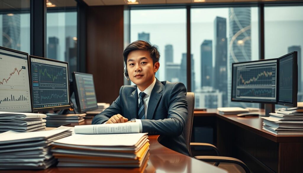 A meticulously organized office setting, with a young Japanese man in a crisp suit sitting at a sleek desk, surrounded by stacks of financial reports, multiple monitors displaying complex charts and graphs, and a telephone headset resting on his ear. The lighting is warm and focused, casting a professional atmosphere. In the background, a cityscape of skyscrapers can be seen through large windows, hinting at the high-stakes world of securities analysis. The man's expression is one of deep concentration, conveying the intensity and attention to detail required in his daily routine.