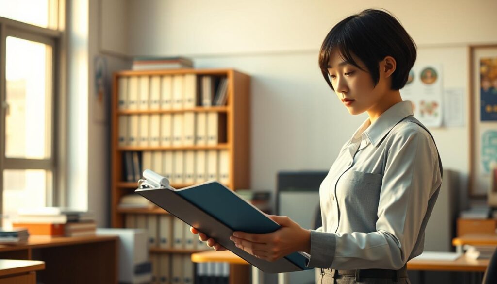 A meticulously organized school administrative employee diligently reviews their daily schedule on a clipboard, surrounded by a neatly arranged office with a large window allowing warm natural light to stream in. The employee, a young Japanese-looking person with short black hair, is dressed in a crisp, professional uniform, exuding a sense of focus and efficiency. In the background, a bookshelf, filing cabinets, and other office accoutrements suggest the bustling, organized environment in which they work. The scene conveys a mood of quiet productivity and attention to detail, reflecting the important role of the school administrator.