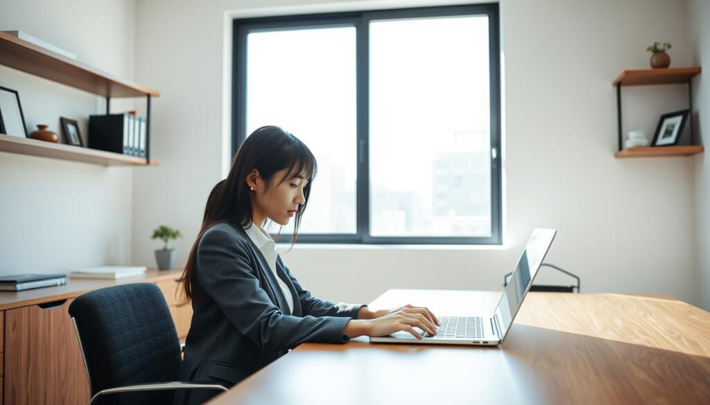 A meticulously organized secretary's workday unfolds in a well-lit, minimalist office. In the foreground, a neatly dressed young Japanese woman sits at a sleek wooden desk, her focus unwavering as she types diligently on a modern laptop. Behind her, a large window floods the space with natural light, casting a serene glow. Shelves lining the walls display a few tasteful decorations, hinting at the secretary's refined sensibilities. The atmosphere is one of quiet efficiency, with a sense of calm professionalism pervading the scene. A typical day in the life of a skilled, detail-oriented Japanese office professional.