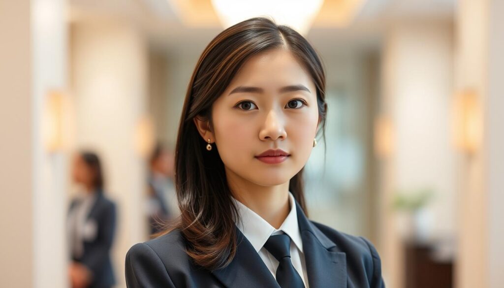 A meticulously poised concierge stands at the center, exuding an air of refined professionalism. Their youthful, Japanese-inspired features convey a warm, approachable demeanor, complemented by a tailored uniform that commands respect. The background blurs softly, drawing the viewer's attention to the concierge's focused gaze and confident posture, indicative of the poise, problem-solving skills, and attention to detail required for the role. Soft, diffused lighting accentuates the concierge's poise and composure, reflecting the serene, welcoming atmosphere they aim to cultivate.