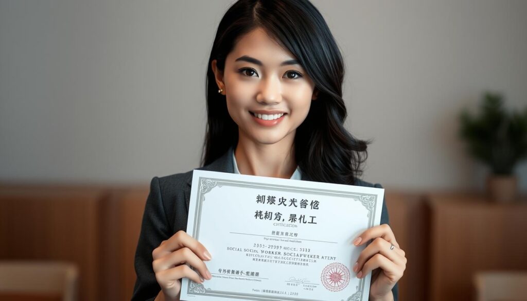 A meticulously rendered portrait of a young Japanese woman in a professional setting, her expression conveying a sense of dedication and determination as she holds a certificate representing her newly attained social worker certification. The lighting is soft and flattering, highlighting the fine details of her features and the glossy finish of the certificate. The background is a blurred, neutral space, allowing the subject to be the focal point. The overall mood is one of pride and accomplishment, reflecting the woman's hard-won achievement in earning this important professional credential.