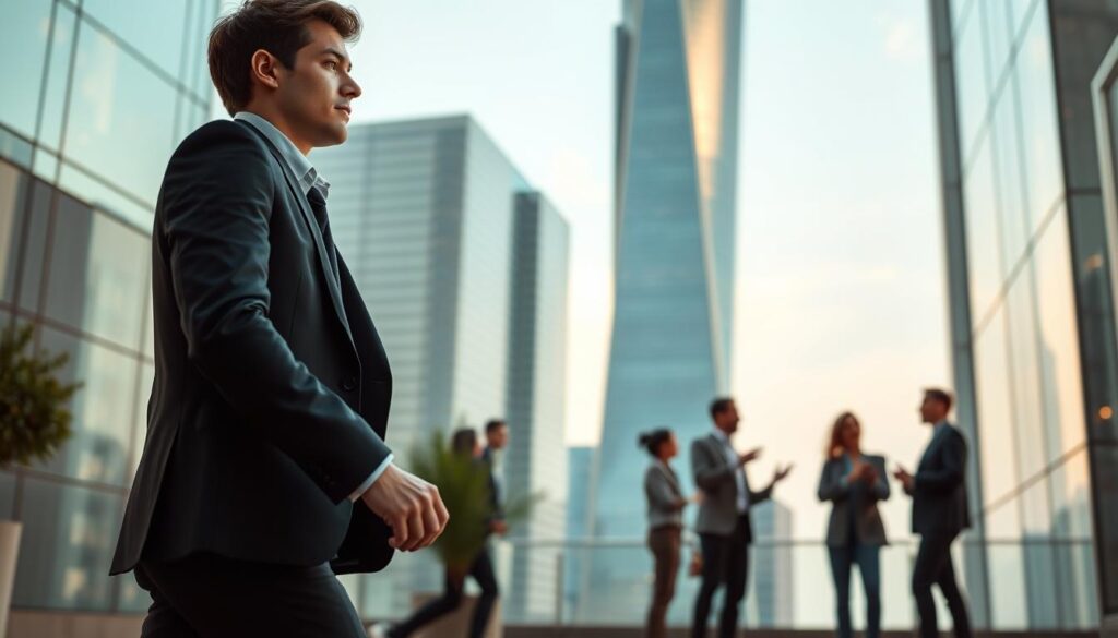 A meticulously rendered scene depicting the career progression of technocrats. In the foreground, a young professional in a crisp suit strides confidently, their expression focused and determined. The middle ground showcases a group of colleagues engaged in a dynamic discussion, gesturing animatedly as they chart the course of their organization. In the background, a towering skyscraper stands tall, its sleek, modern design symbolizing the power and influence of the technocratic class. Soft, warm lighting casts a contemplative glow, capturing the sense of ambition, collaboration, and the pursuit of innovation that defines the technocratic career path. Photorealistic in detail, this image conveys the carefully cultivated journey of a technocrat.