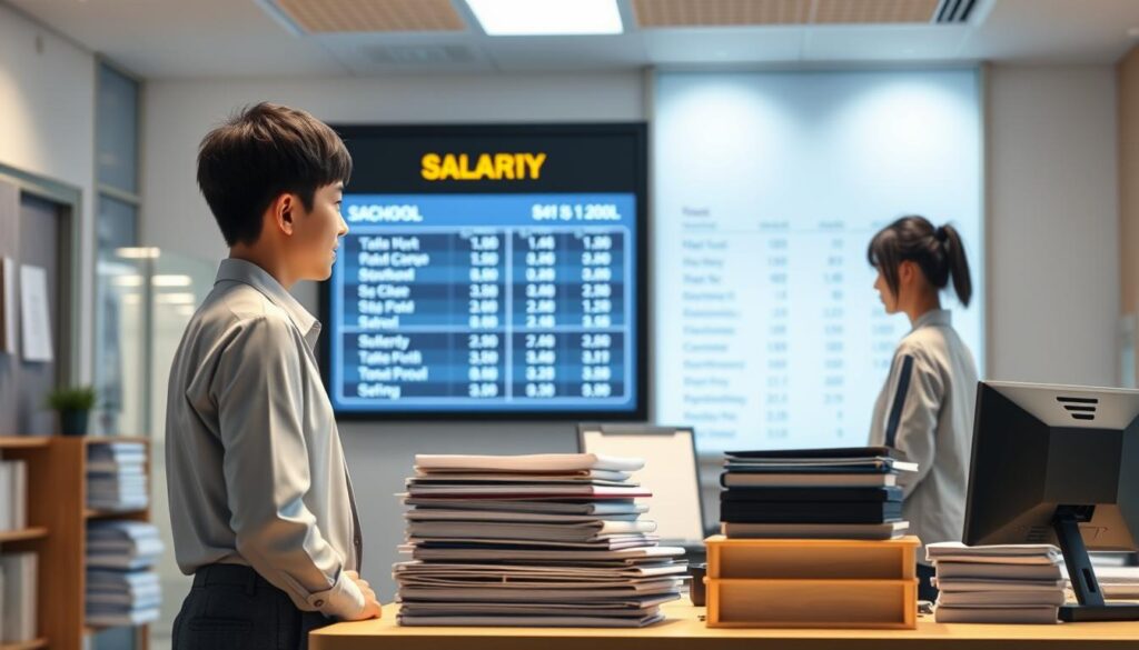 A meticulously rendered scene depicting the nuances of a school administrator's compensation structure. In the foreground, a group of three young Japanese-looking individuals stand in a well-lit office setting, their faces captured in realistic detail. They are dressed in professional attire, engaged in a conversation about salary information displayed on a large, illuminated screen behind them. The middle ground features a neatly organized desk with stacks of documents, a computer monitor, and other office supplies, conveying an atmosphere of diligent administration. The background showcases the interior of the school, with clean, modern architecture and subtle ambient lighting, establishing a sense of institutional authority and structure. The overall scene conveys a thoughtful, data-driven exploration of the complexities inherent in a school administrator's remuneration.