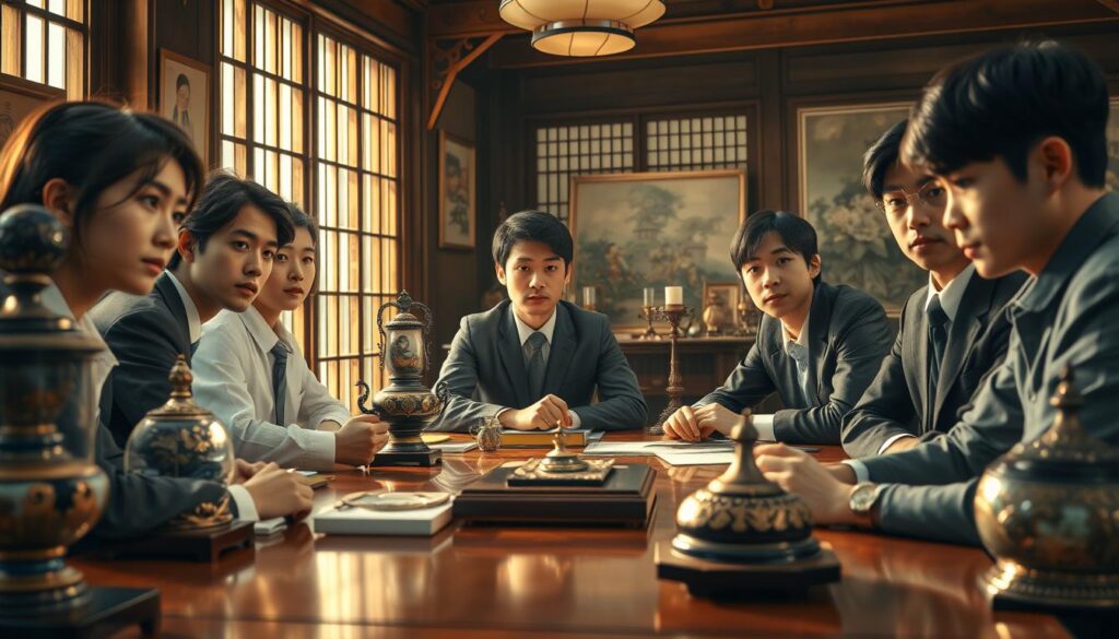A meticulously rendered scene of a group of young, Japanese-looking appraisers, their faces displaying a mix of concentration and professional poise. They are seated at a polished wooden table, surrounded by an array of antiques and fine art. Warm, natural lighting filters in through large windows, casting a soft glow on the scene. The atmosphere is one of serious assessment and thoughtful evaluation, reflecting the expertise and analytical skills of these skilled professionals. The level of detail and realism should convey the importance and gravity of the appraisal process, hinting at the significant financial implications involved.