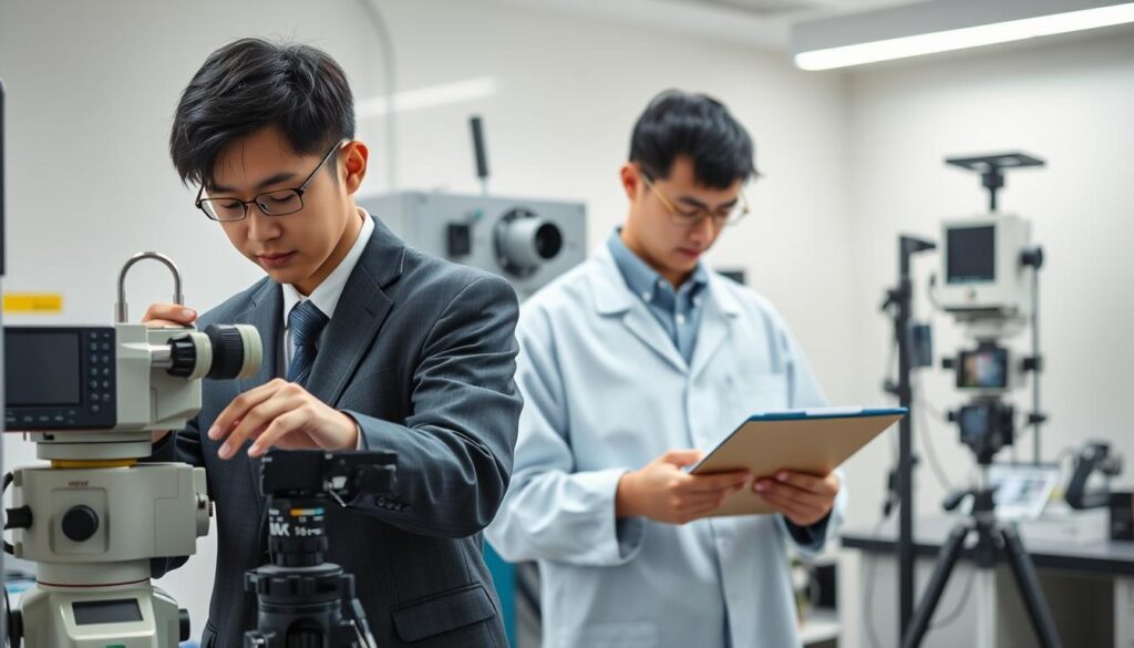 A meticulously rendered scene showcasing the distinct roles of a general metrologist and an environmental metrologist. In the foreground, a young Japanese-looking individual in a crisp, professional attire examines a set of precision measurement instruments, their face exuding a focused expression. In the middle ground, another similarly aged person meticulously records data on a clipboard, surrounded by environmental monitoring equipment. The background is a clean, well-lit laboratory setting, with a sense of order and attention to detail permeating the entire composition. The lighting is natural and even, highlighting the seriousness and importance of the work being undertaken. The overall atmosphere conveys the technical expertise and specialized knowledge required of these two types of metrologists.