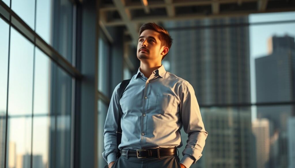 A mid-career systems engineer stands in a modern office, contemplating a career path. They are dressed in a crisp button-down shirt and slacks, with a laptop bag slung over their shoulder. The lighting is natural, filtering in through large windows, casting a warm glow on their face. The background is a blurred landscape of skyscrapers, hinting at the bustling city beyond. The engineer's expression is one of determination, as they consider the opportunities and challenges that lie ahead in their journey to becoming a seasoned IT professional.