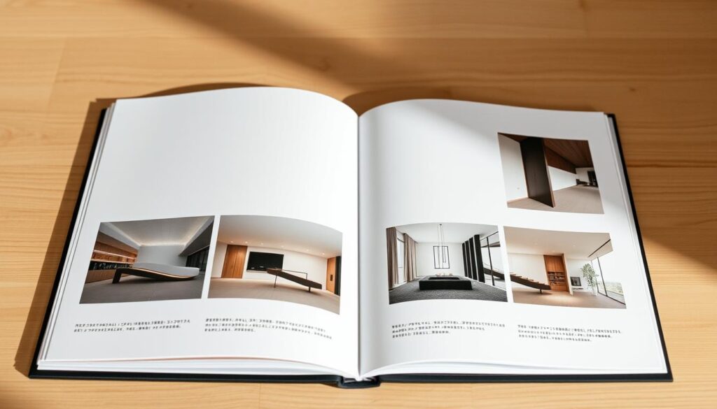 A minimalist and elegantly styled portfolio presented by a talented young Japanese space designer. The portfolio features clean, modern layouts showcasing the designer's best residential, commercial, and public space projects. Soft lighting casts a warm glow, highlighting the attention to detail and craftsmanship in the physical presentation. The pages convey a sense of balance, proportion, and an innate understanding of how people interact with designed environments. The designer's passion and design philosophy shine through, captivating the viewer and leaving a lasting impression.