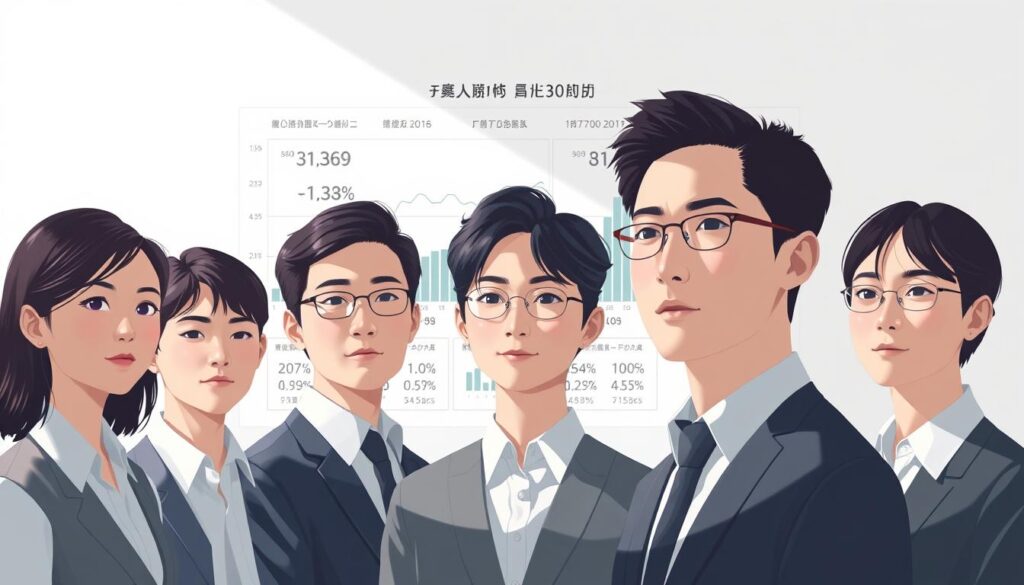 A minimalist yet striking digital illustration depicting a commissioner's annual income analysis. A group of young, Japanese-looking professionals, their faces in focus, stands before a sleek, data-driven infographic showcasing key financial metrics in a clean, understated layout. Soft, directional lighting casts subtle shadows, creating depth and dimensionality. The overall mood is one of professionalism, authority, and analytical precision, reflecting the subject matter. The background is deliberately uncluttered, allowing the subjects and the infographic to take center stage.