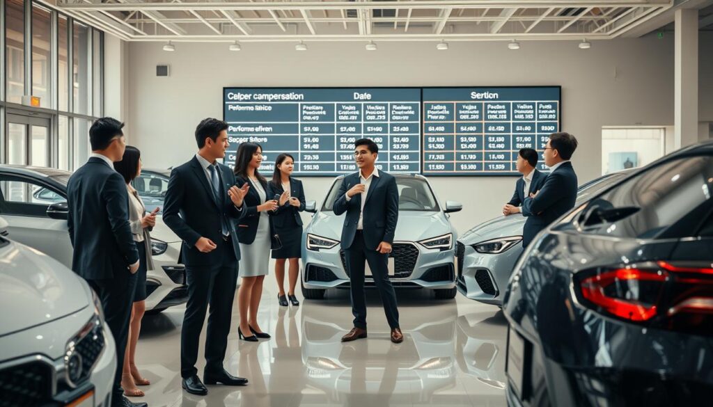 A modern Japanese car dealership showroom, bathed in warm, natural lighting. In the foreground, a group of young, smartly-dressed sales representatives engaged in animated discussions, their body language conveying a sense of confidence and enthusiasm. The middle ground showcases a selection of sleek, gleaming vehicles, each meticulously detailed. In the background, a large digital display board outlines the dealer's compensation structure, highlighting the performance-driven reward system. The overall atmosphere is one of professionalism, dynamism, and a focus on delivering exceptional customer service.