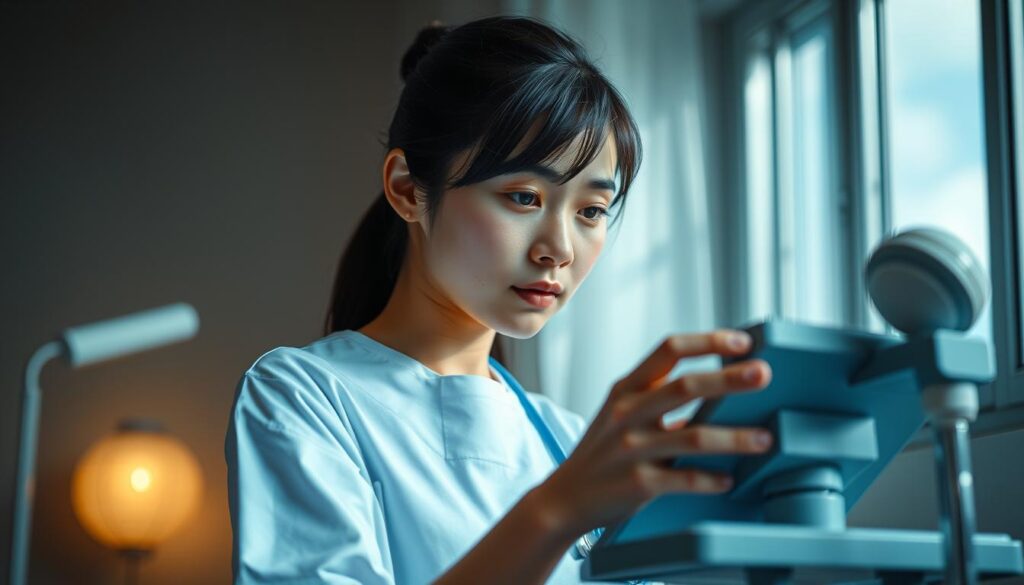 A modern Japanese healthcare worker in a thoughtful pose, examining care equipment against a dimly lit, minimalist interior. The focus is on the caregiver's expression, conveying the nuanced challenges of in-home nursing. Soft, natural lighting highlights the worker's youthful, ethnically Japanese features. The scene has a sense of contemplation and quiet professionalism, reflecting the complexities of contemporary home care.