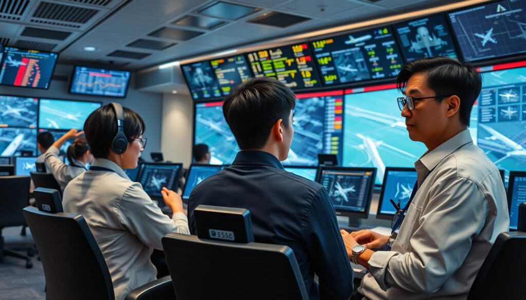 A modern airport command center with a team of Japanese air traffic controllers meticulously monitoring flight data and communication channels on sleek holographic displays. Sophisticated software algorithms calculate optimal flight paths and fuel efficiency in real-time, while the dispatchers make swift, informed decisions to ensure safe, punctual departures and arrivals. Focused expressions and nimble movements convey the high-stakes nature of this specialized profession, as the dispatchers leverage their extensive training and technical expertise to maintain the complex ballet of commercial aviation.