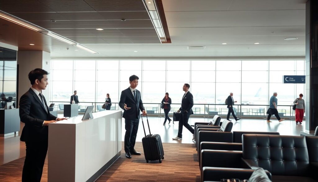 A modern airport lounge with comfortable leather chairs and soft lighting. In the foreground, a young Japanese man in a crisp suit and tie stands behind a sleek check-in counter, assisting a passenger with their luggage. In the middle ground, another steward in a similar uniform guides a group of travelers through the terminal. The background features a sweeping view of the airport concourse, with people moving through the space and a glimpse of the tarmac and planes outside. The scene conveys a sense of professionalism, efficiency, and service within the airport environment.