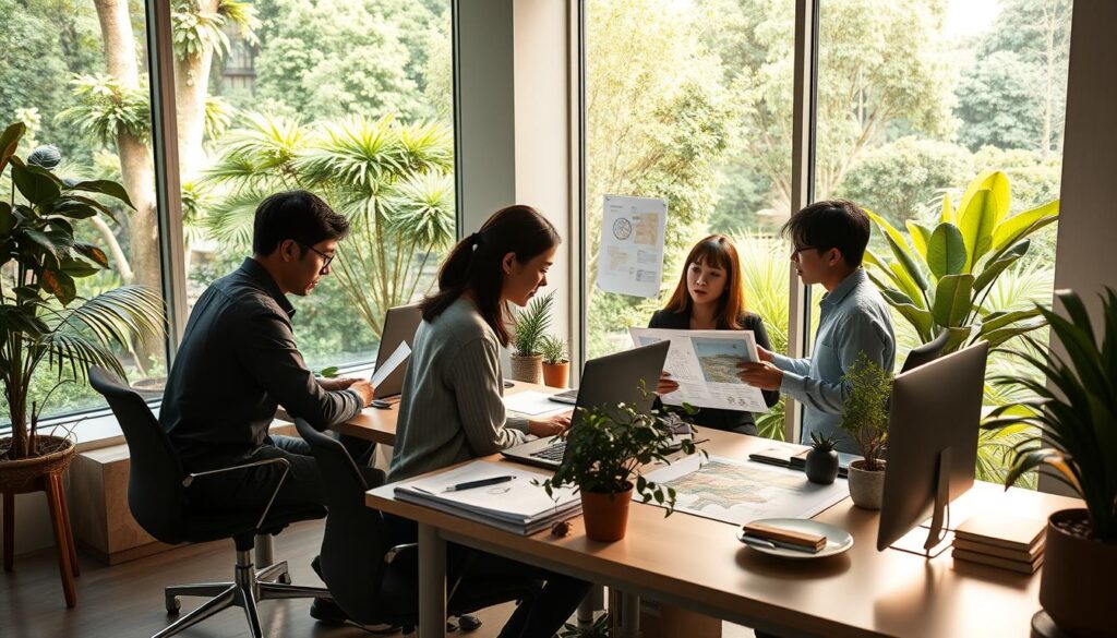 A modern, airy office space with floor-to-ceiling windows overlooking a lush, verdant garden. A team of young, Japanese-looking consultants collaborate at sleek, minimalist desks, their faces focused as they review landscape plans and CAD drawings. Warm, diffused lighting filters in, casting a serene, productive atmosphere. The consultants are engaged in animated discussions, surrounded by potted plants, natural materials, and inspirational mood boards. An open, collaborative workspace that seamlessly integrates nature, technology, and design - the ideal environment for a cutting-edge landscape architecture firm.