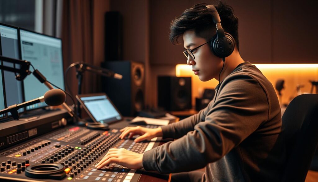 A modern and dynamic recording studio, with a young Japanese-looking audio engineer intently focused on the mixing console. Warm, diffused lighting bathes the scene, casting a cozy, professional atmosphere. The engineer's hands deftly manipulate the various knobs and sliders, their face reflecting deep concentration as they fine-tune the audio mix. Alongside the mixing desk, various microphones, headphones, and other audio equipment are neatly arranged, hinting at the technical expertise required for this freelance role. The background is slightly blurred, drawing the viewer's attention to the central figure and their immersive work.