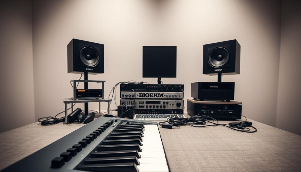 A modern and meticulously detailed digital music production setup, featuring a sleek and minimal desk arrangement. The foreground showcases a high-end MIDI keyboard controller, a premium studio-grade audio interface, and a pair of professional-quality studio monitors. In the middle ground, various cables and accessories are neatly organized, contributing to the overall clean and organized workspace. The background depicts a minimalist, well-lit room with neutral-toned walls, creating a serene and focused atmosphere conducive to creative music production. The lighting is soft and diffused, highlighting the contours and textures of the equipment. The entire scene exudes a sense of precision, efficiency, and the passion for the craft of digital music creation.