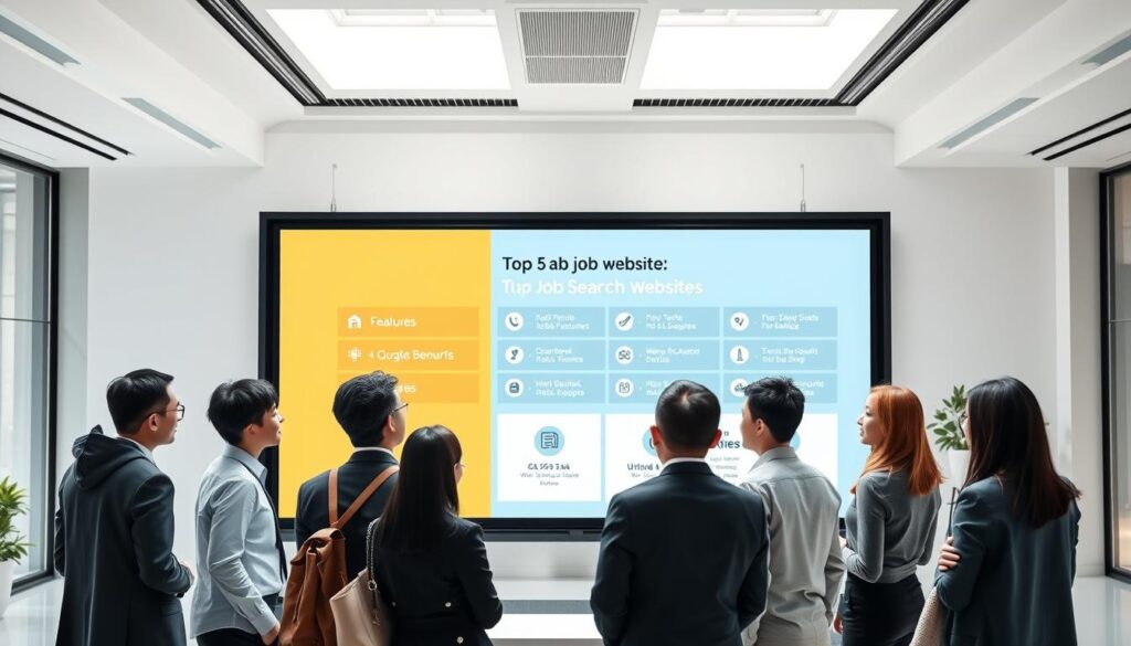 A modern and minimalist office setting with a large display screen showcasing a ranking of the top 5 job search websites. In the foreground, a group of young, professional-looking Japanese individuals in business attire are gathered around the screen, engaged in discussion. The lighting is bright and airy, with a sense of energy and optimism. The mid-ground features stylized icons and data visualizations representing the key features and benefits of the top-ranked job sites. The background is a clean, white workspace with sleek, contemporary furniture and decor. The overall atmosphere conveys a sense of career growth, opportunity, and informed decision-making.