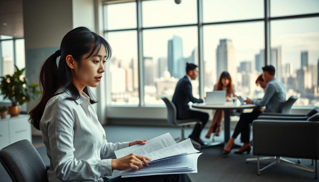 A modern and minimalist office space with sleek furniture and natural lighting. In the foreground, a young Japanese woman in a professional attire sits at a desk, deep in thought as she reviews documents and plans her chiropractic practice's launch. The middle ground features a team of diverse, motivated individuals collaborating on various tasks, capturing the entrepreneurial spirit. In the background, floor-to-ceiling windows offer a panoramic view of a bustling city skyline, symbolizing the growth opportunities and challenges facing the new chiropractic business. The scene conveys a sense of focus, ambition, and the careful preparation required to establish a successful chiropractic practice.