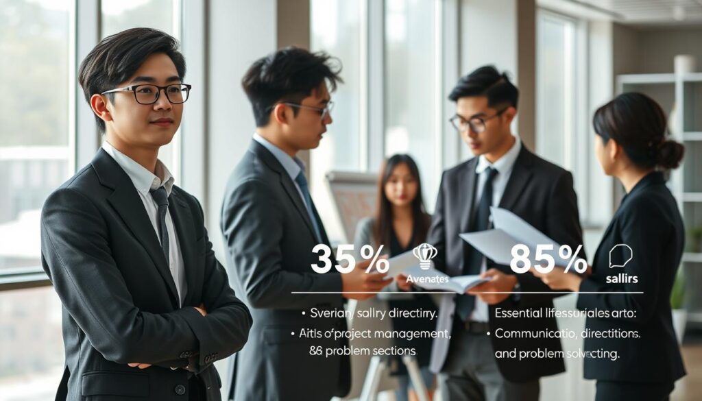 A modern and professional-looking image showcasing the key aspects of the assistant director role, including salary range, required skills, and job responsibilities. Set in a sleek, minimalist office environment with natural lighting filtering through large windows, the scene depicts three young Japanese professionals dressed in business attire, engaged in a collaborative discussion. The foreground features a well-dressed, attentive assistant director, while the middle ground shows a manager and art director reviewing documents and presentations. The background subtly displays infographic-style visualizations highlighting the assistant director's average salary, essential abilities such as project management, communication, and problem-solving. The overall atmosphere conveys a sense of productivity, teamwork, and a focus on the specific details relevant to the article's subject matter.